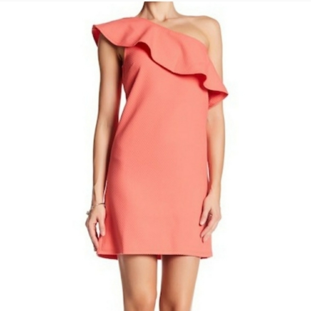 Cupcakes and Cashmere Coral Ruffle One Shoulder Dress